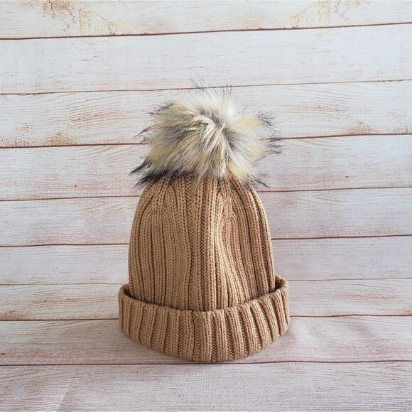 J. Crew Ribbed Knit Faux Fur Pom Pom Beanie in Light Caramel - Picture 3 of 8